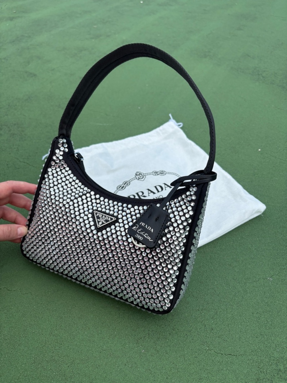 Prada Black Mini Shoulder Bag with Silver Crystal Studs - Picture 2 of 9